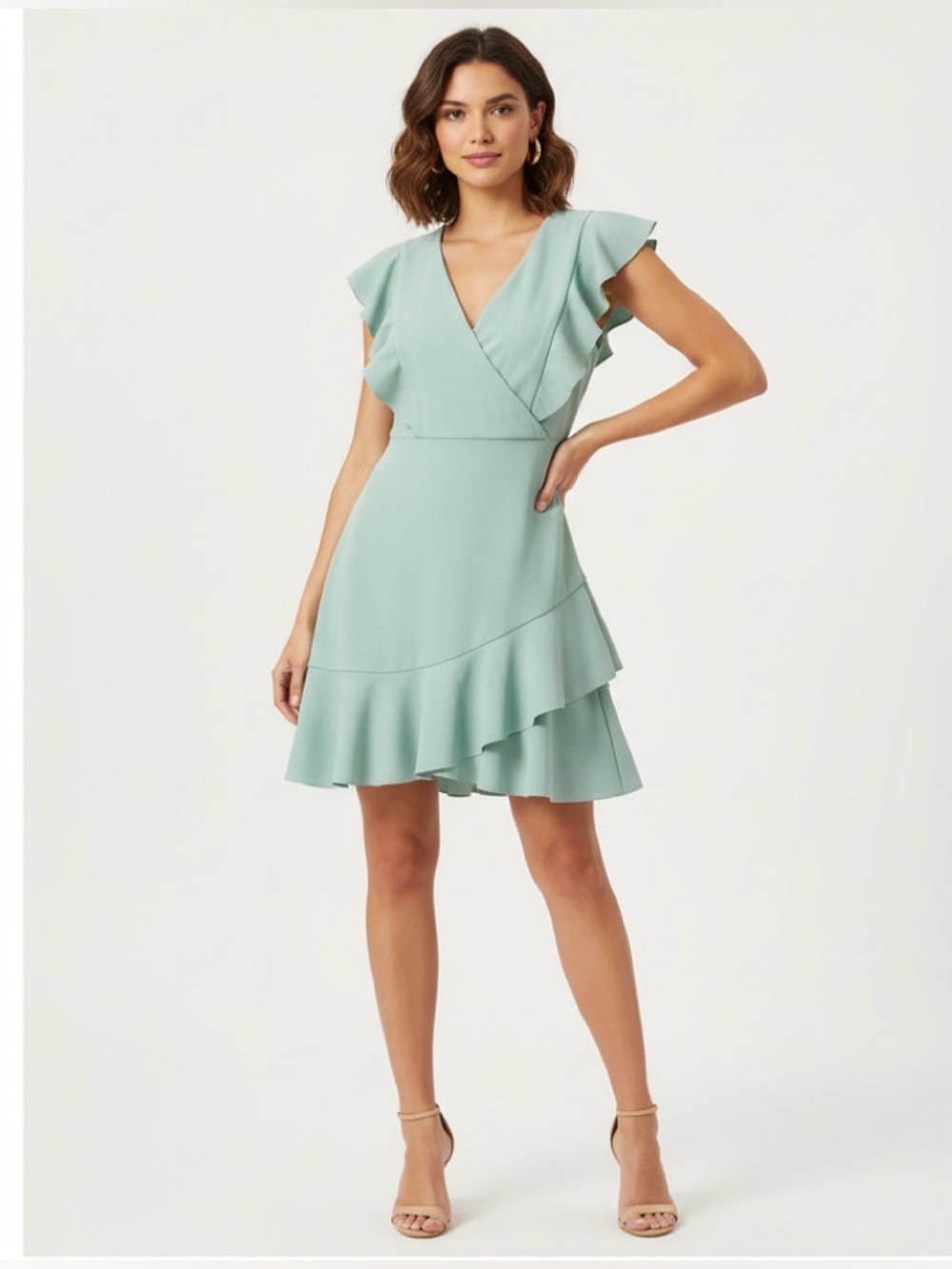 Altar’d State Sage Green Asymmetrical Mini Dress w/ Ruffle Detail/Back Zip | XS